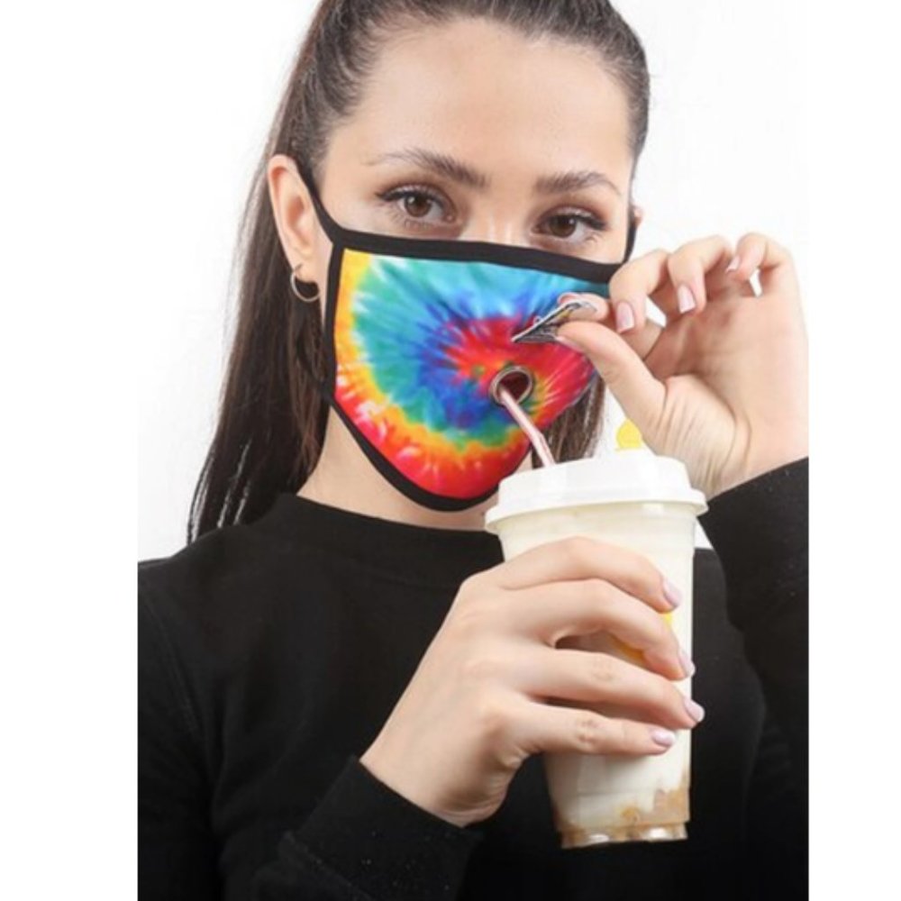 Face Mask Drinking Tie-dye Mask Hole for Straw